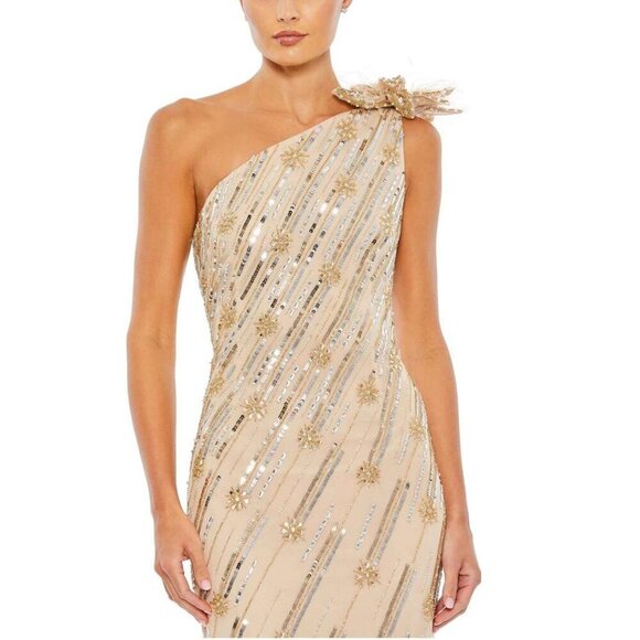 NWT Mac Duggal Embellished Floral Detail One Shoulder Gown 0 Nude Gold #8241 - Picture 2 of 8
